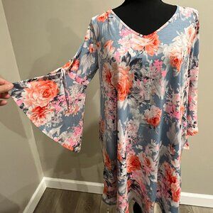 Sew Love Floral Bell Sleeve Dress - Blue/Coral/Pink - Size Small/MED